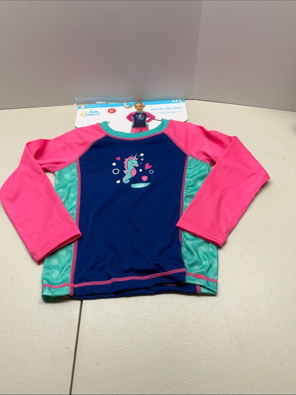 Sun Smart Kids Swim T-Shirt with Rash Guard Pink Seahorse. Size L